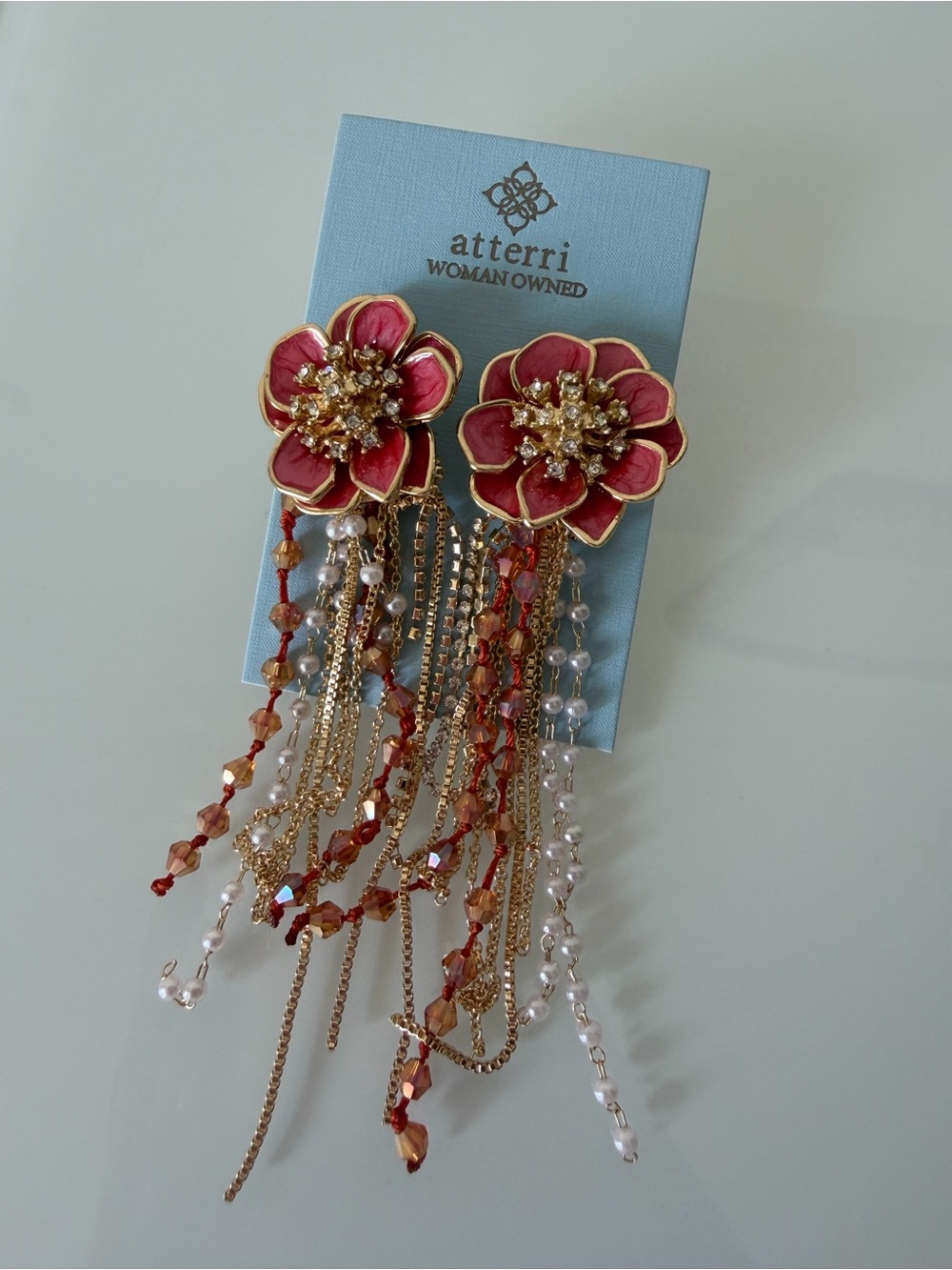 Atterri beaded red Floral gold Drop tassel Earrings